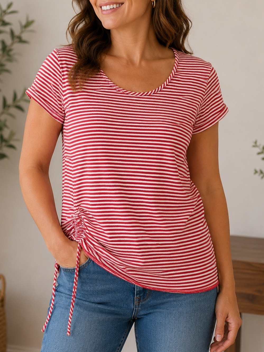 Apt. 9 Red & White Striped Short Sleeve Scoop Neck Top XL